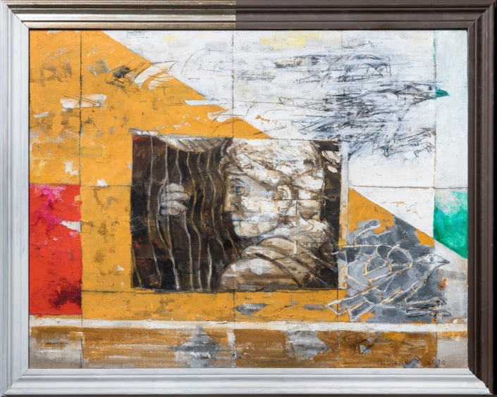 Volo e reperto - 2020 - olio su tela con cornice dipinta cm.76x95